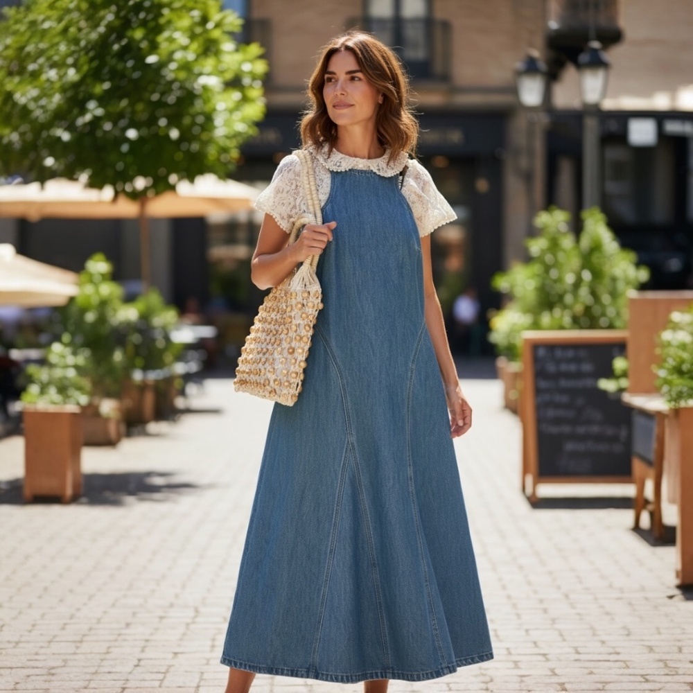 Cottage Core outfit: denim dress, lace top, boho bag, NWT.
